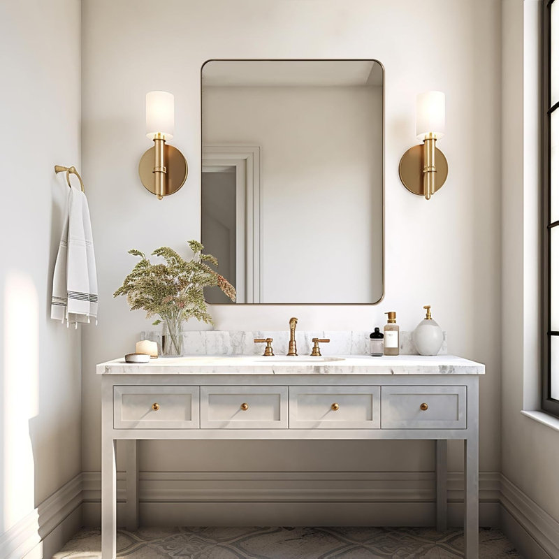 Inse Modern Rounded Rectangle Bathroom Vanity Mirror | Stainless Steel Frame, Brushed Gold, 40" x 30"