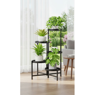 Modern Black Five-Tier Metal Plant Stand With A 10-Inch Wide Tray And A Foldable, Elevated Design, Suitable For Various Settings Such As Terraces And