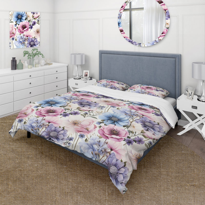 Ensemble de housse de couette floral mauve et bleu serein, Housse de couette simple + 1 taie décorative stan