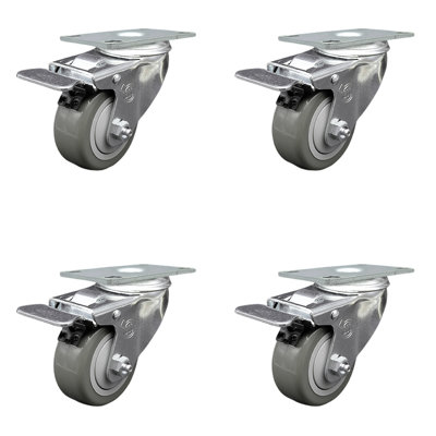3.5 Inch SS Gray Polyurethane Top Plate Caster Set Total Lock Brake SCC