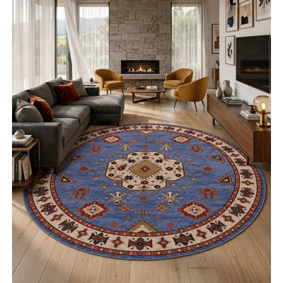 Blue White Silk & Wool Handmade Oriental Hand Knotted Round Indoor Area Rug