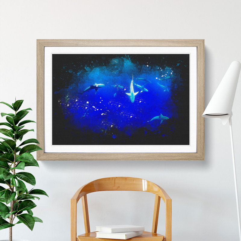 Oahu Sharks - Single Picture Frame Print on MDF, 24cm H x 33cm W x 2cm D, Oak Framed