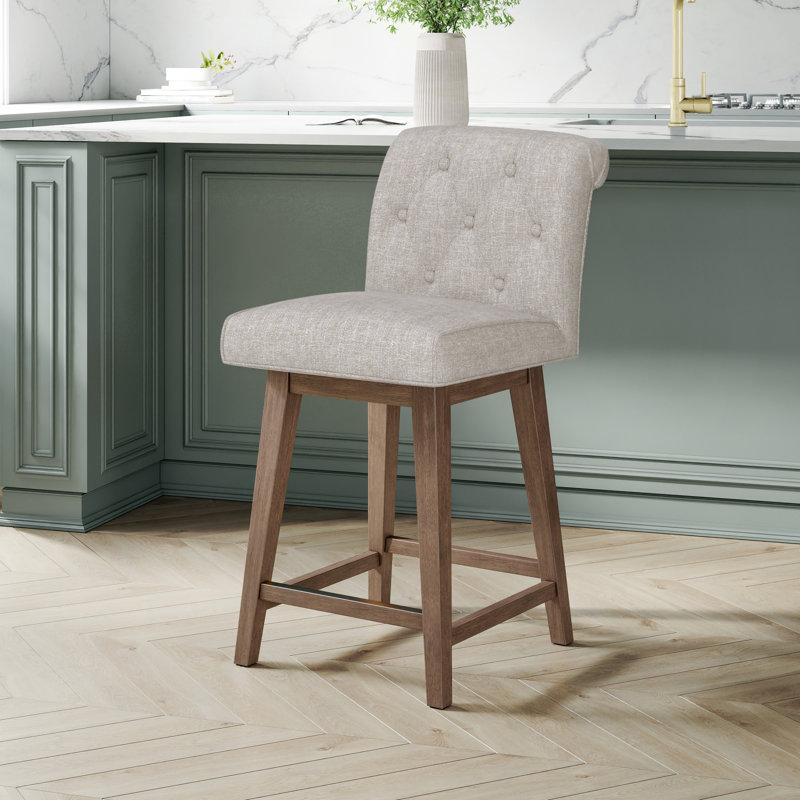 Dorreen Wood And Upholstered Tufted Adjustable Height Swivel Stool, Oatmeal, Medium Brown