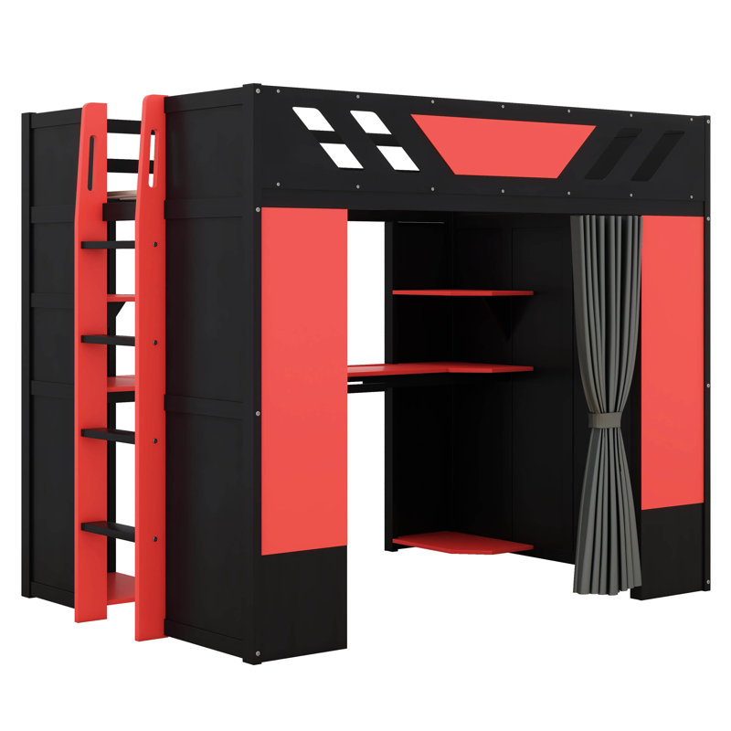 Full-Size Wooden Loft Bed Featuring Shelves, Blockout Drapes, And RGB Illumination, Black/Red