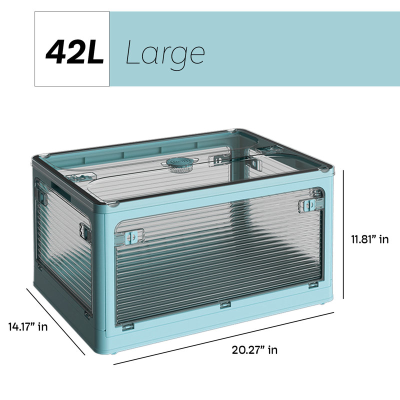 Medium Collapsible Storage Box Bin, 5 Side Clear Open Access Stackable w/ Lid, Wheels, Blue, 9.44" H x 18.7" W x 13.97" D