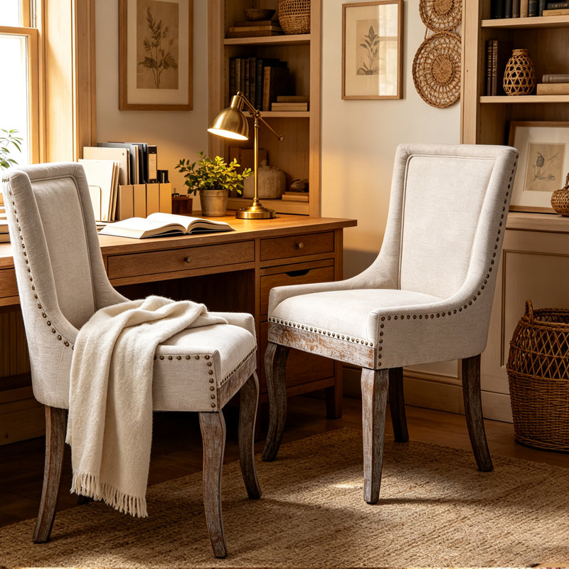 Farmhouse Upholstered Side Chairs Set of 2, Vintage Solid Wood Kitchen Dining Chairs with Nailhead Trim & High Back Support, 350lbs Weight Capacity