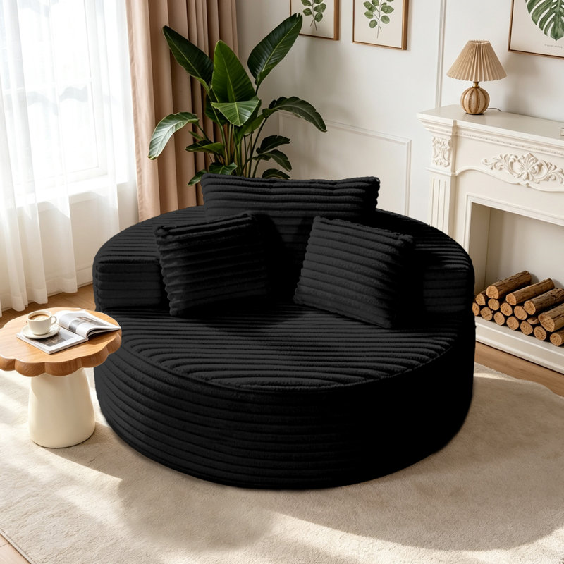 Fauteuil lounge rond surdimensionné de 140 cm en velours côtelé, canapé sans structure avec coussin, aucun assemblage requis - Noir