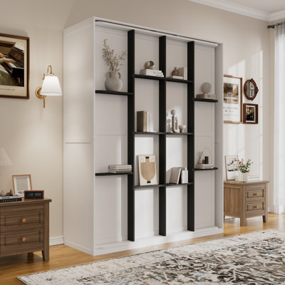Grand lit escamotable rotatif avec supports de rangement cachés, lit mural multifonctionnel peu encombrant pour le bureau à domicile et les petites pièces, blanc