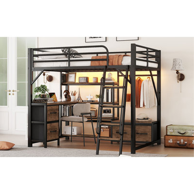 Lit mezzanine double en métal avec bureau et rangement, lumières DEL équipées, garde-robe sécuritaire pour station de charge, tablettes de rangement, pour chambre à coucher
