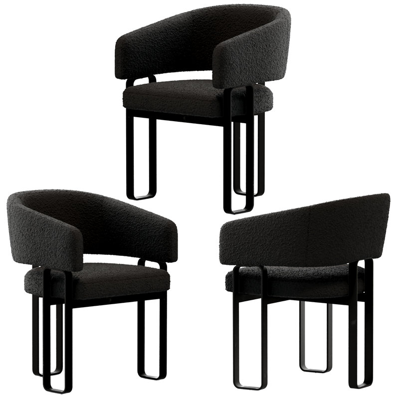 Classic And Luxurious Black Boucle Upholstered Barrel Dining Room Chairs Armchair Set Of 3, Black, Black