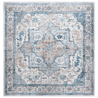 Yadian Orlando Felt/Velvet/Laminated Film Machine Washable Southwestern Rug in Blue/Beige