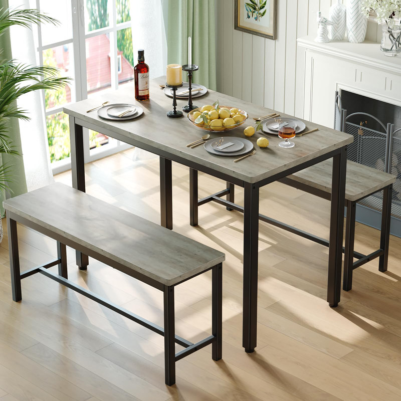 3-Piece Space-Saving Dining Table Set for 4 with 2 Benches, Gray
