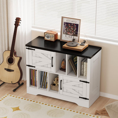 39" Farmhouse Record Player Stand with Vinyl Storage, Large Turntable Table Cabinet Holds Up to 450 Albums, Wood Media Console with 2 Barn Doors & 6 O