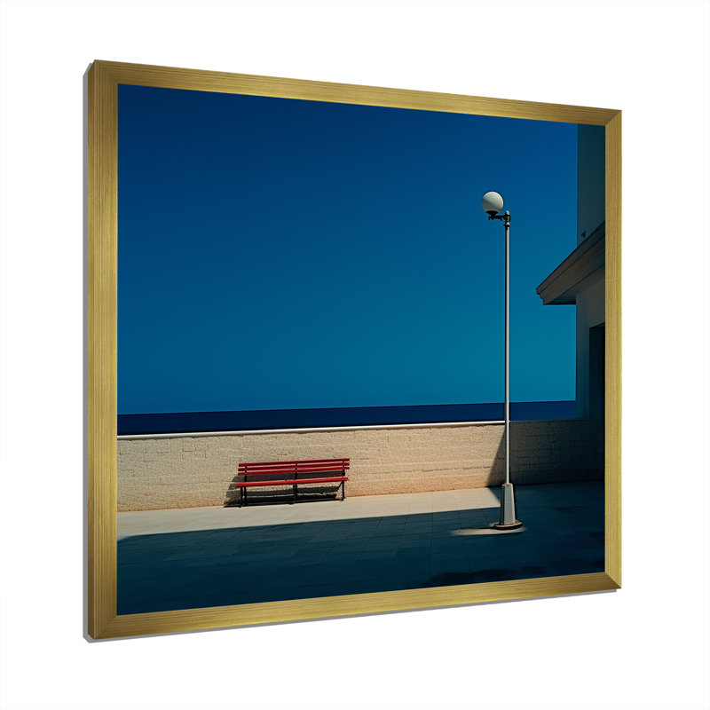 Banc à l'horizon de l'océan I sur toile, Cadre doré simple, H 36 po x l 36 po x P 1,5 po