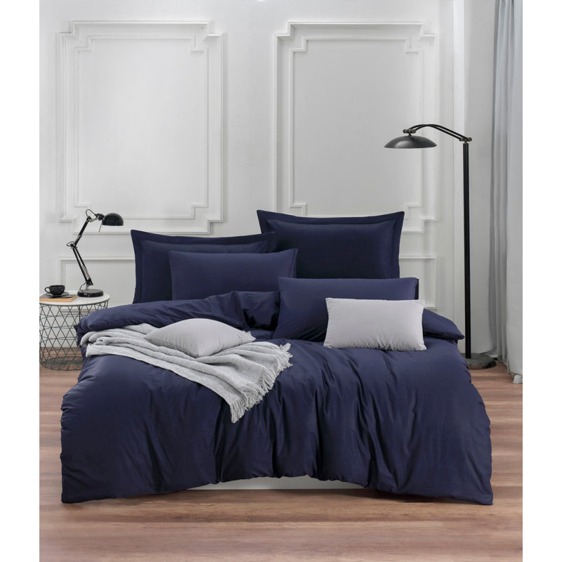 Ensemble de housse de couette 100% coton, Bleu foncé, Housse de couette double TG + 2 taies d'oreiller s
