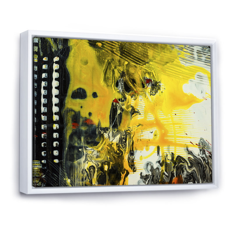 Jaune jaune, noir et blanc, art liquide X - peinture sur toile, H 24 po x l 32 po x P 1 po, Cadre flottant blanc