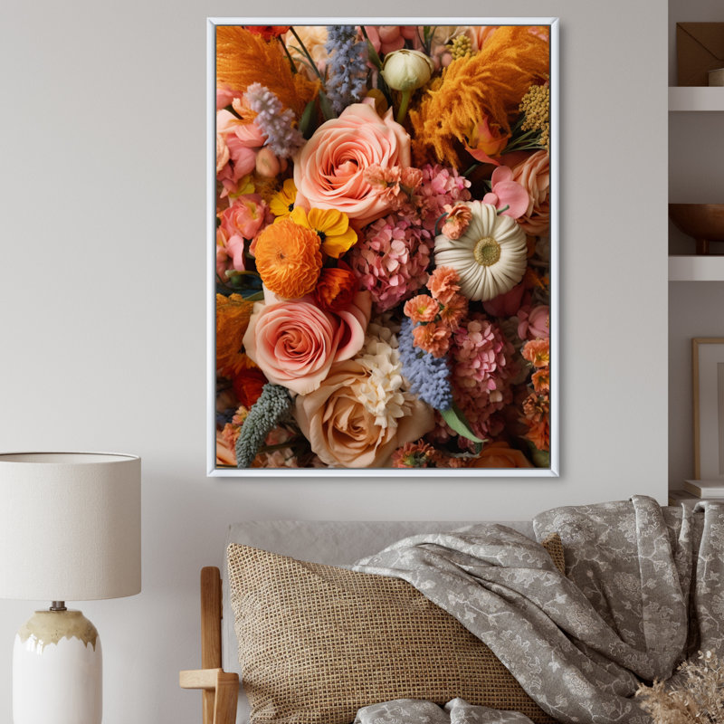 Assortiment de bouquets à la ferme II sur toile, H 44 po x l 34 po, Cadre flottant blanc