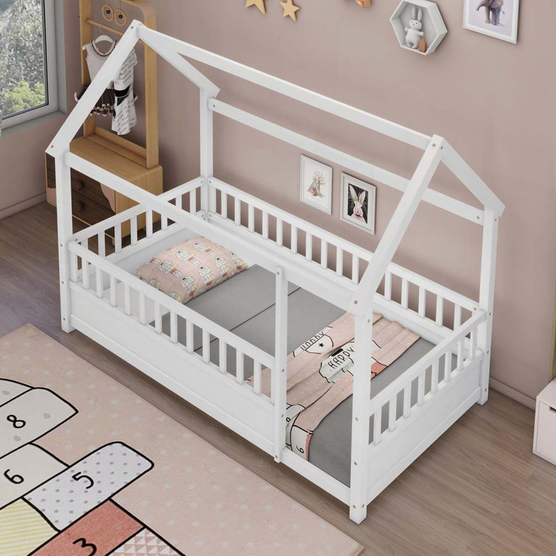Lit de plancher en bois avec cadre de toit de maison, Lit simple, Blanc