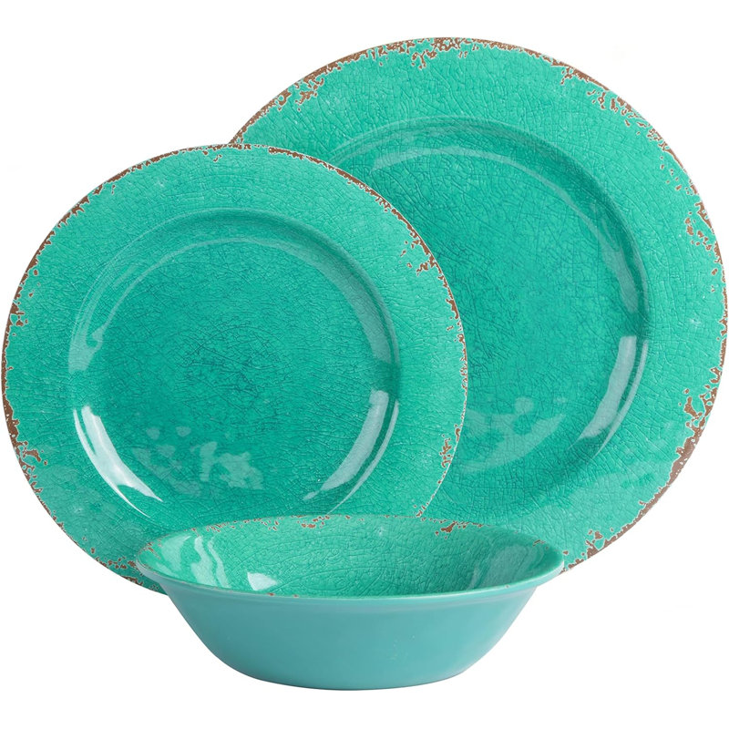 Ensemble 12 pièces de vaisselle en mélamine - couleurs assorties, motif décalque craquelé, durable et léger pour les repas à l'intérieur et à l'extérieur 