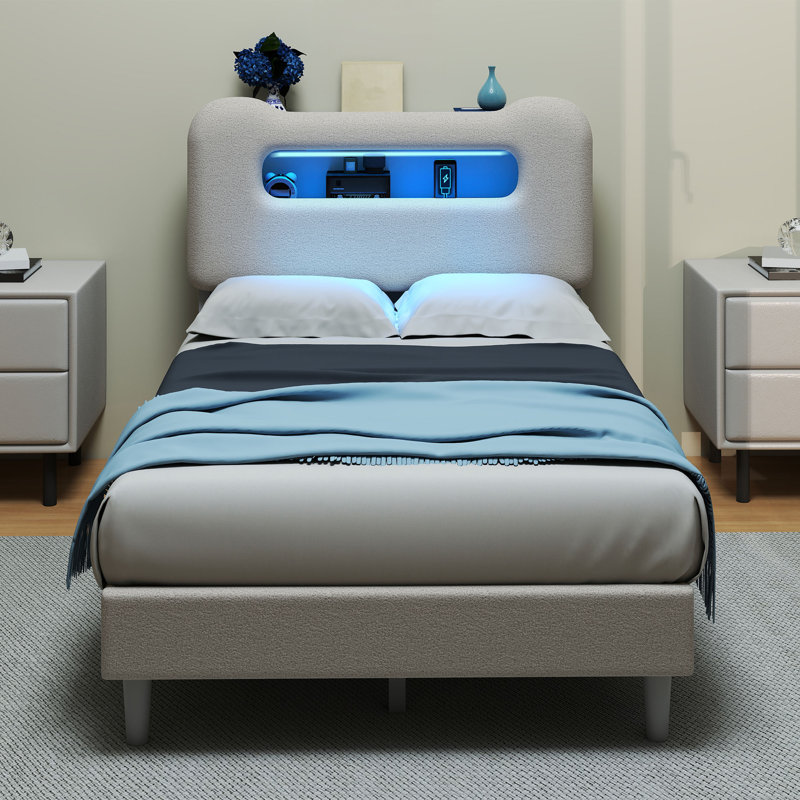 Lit plateforme avec rangement et éclairage DEL, Beige, Double