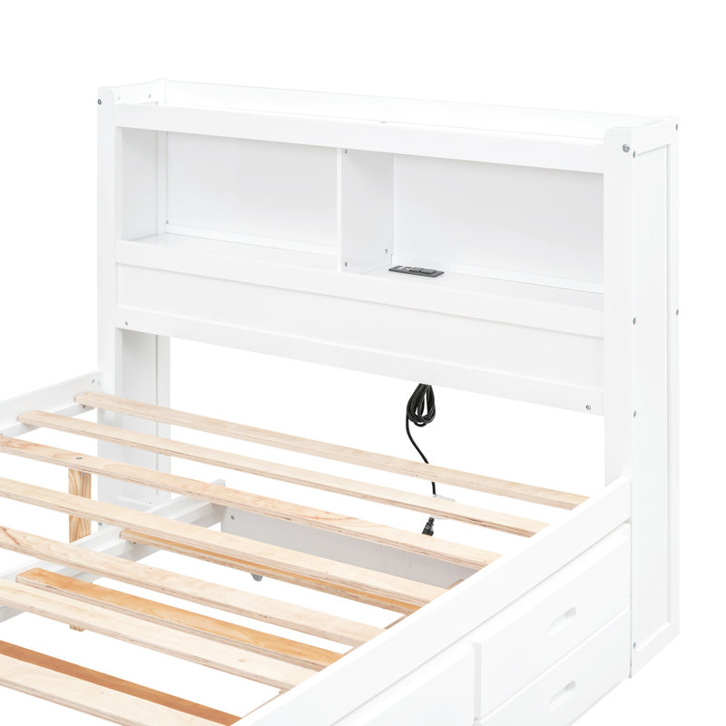 Lit plateforme blanc avec lit gigogne, rangement et tiroirs élégants, Blanc