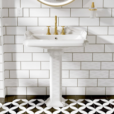 Lavabo de salle de bain rectangulaire sur pied en porcelaine vitrifiée de 35,4 po de hauteur avec trop-plein