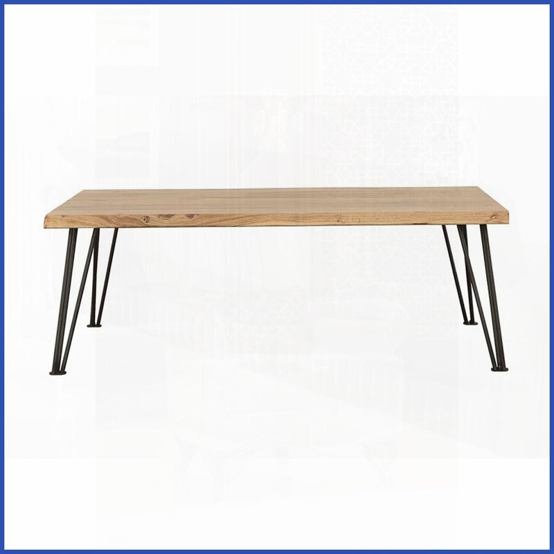 Table basse rustique en bois d'acacia avec pieds en épingle à cheveux noir mat