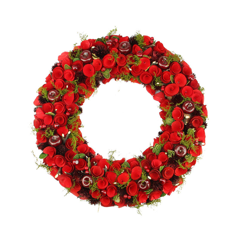 Couronne artificielle rouge en bois rose et baies - non éclairée, 20" H x 20" L x 3.5" D