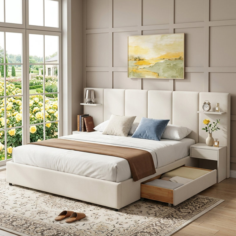 Lit plateforme haut tapissier avec tables de chevet, tiroirs et tablettes flottantes, très grand, velours beige, Beige