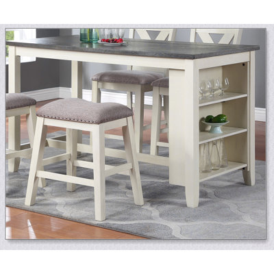 Table de salle à manger haute en bois moderne avec étagères de rangement intégrées, idéale pour les coins repas de cuisines compactes et les petits espaces.