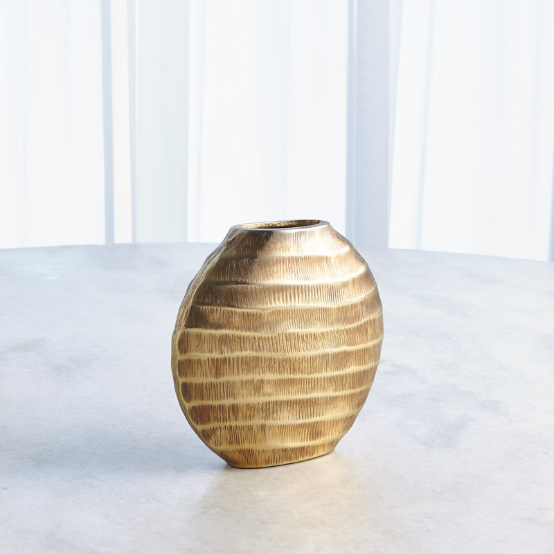 Chased Oval Vase-Antique Brass, 7.25" H x 7.75" W x 2.5" D