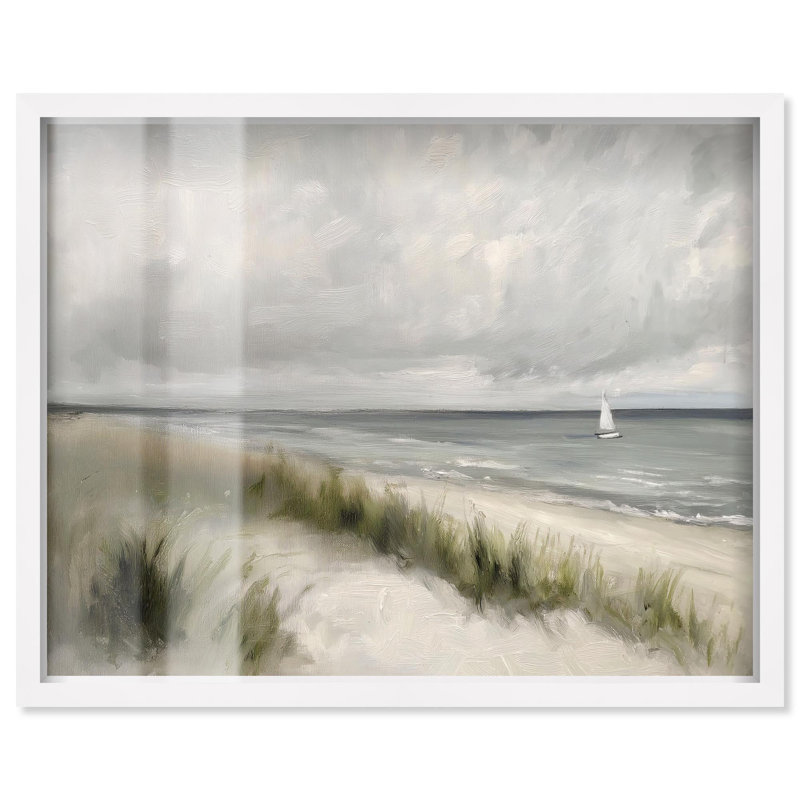 «Seascape in Passing Shadowbox», art côtier rétro par Art Remedy, cadre noir, 20 x 16, H 25 po x l 31 po, Cadre blanc