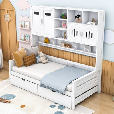 Wooden Daybed With Two Drawers, Cabinet and Shelf