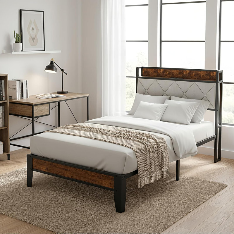 Platform Bed with Upholstered Adjustable Headboard, No Box Spring Needed, Dark Gray, Twin