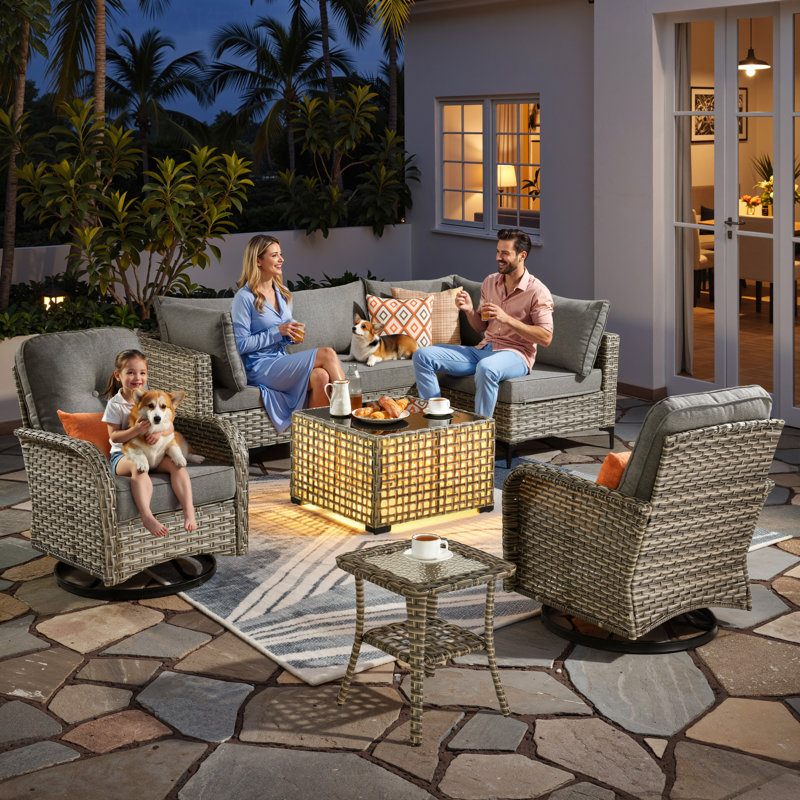Tommy Outdoor Wicker 6 Person Seating Group With Cushions With Rocking And Swivel Chairs, Dark Gray, No