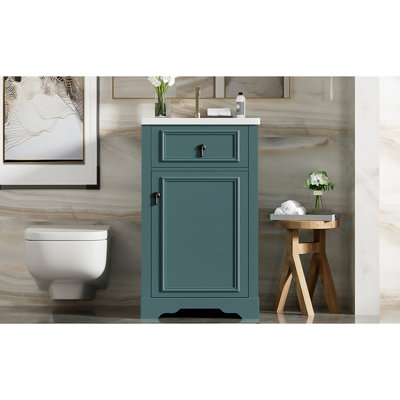 Meuble-lavabo de 20 pouces, salle de bain compacte, lavabo en céramique, fonction de fermeture en douceur, tablette ajustable en forme de U, meuble-lavabo à poignée en alliage d'aluminium avec porte à débordement et support pour petite porte