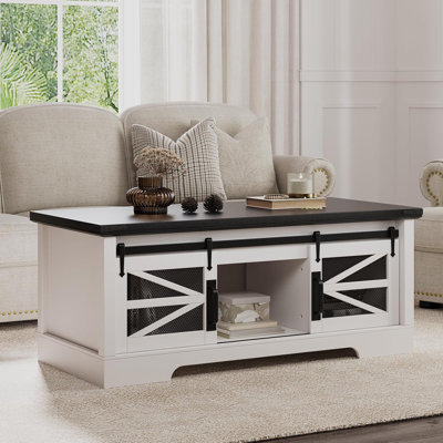 Table basse à plateau relevable, table basse multifonctionnelle avec porte de grange coulissante, compartiment de rangement caché