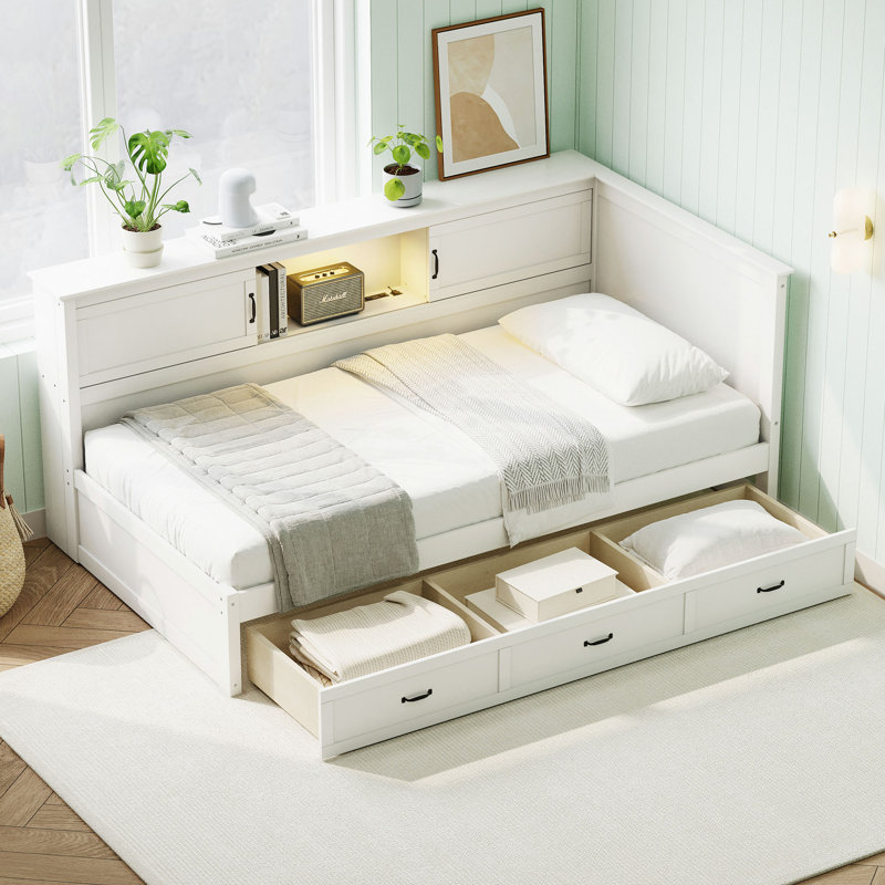 L-Shaped Bed Frame With Drawer And And Bookcase,Corner Bed Wooden Captain Bed With Led Downlight And USB Port For Small Room,Bedroom, Guest Room