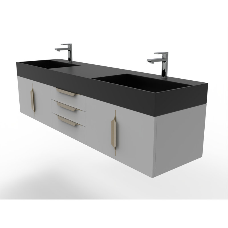 Ensemble de meuble-lavabo mural simple l 72 po Clelie, Gris, Noir, Nickel brossé