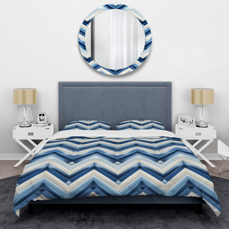 Ensemble de housse de couette à chevrons bleu cobalt et blanc rétro en polyester microfibre