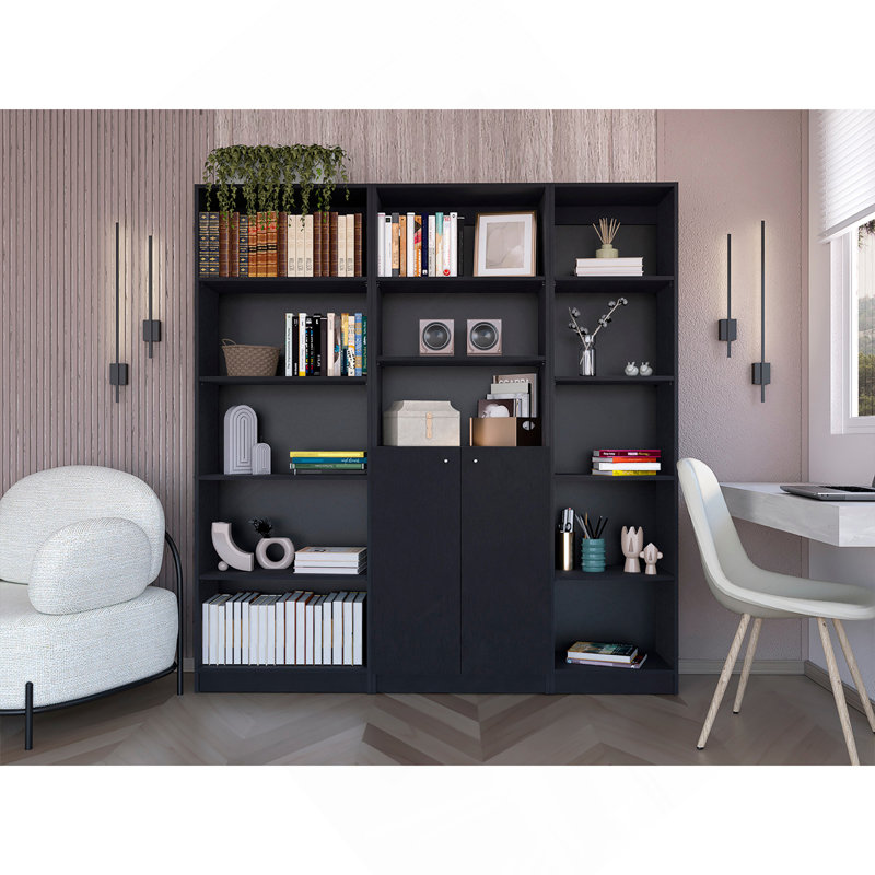 3 Piece Home Bookcase Set, 67" Wide With 13 Shelves And Two-Door Cabinet ,  Living Room Set Set  Black, Black
