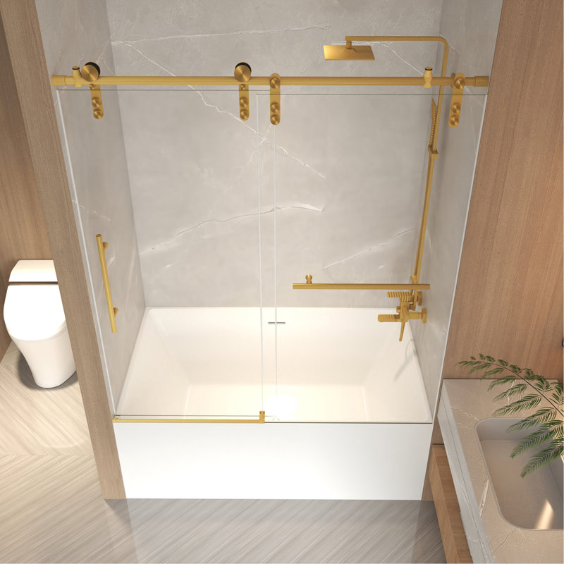 56-60" x 66" H Frameless Sliding Bathtub Door, Tub Shower Door, 5/16" (8mm) Clear Tempered Glass, Stainless Steel Frame,Brushed Gold
