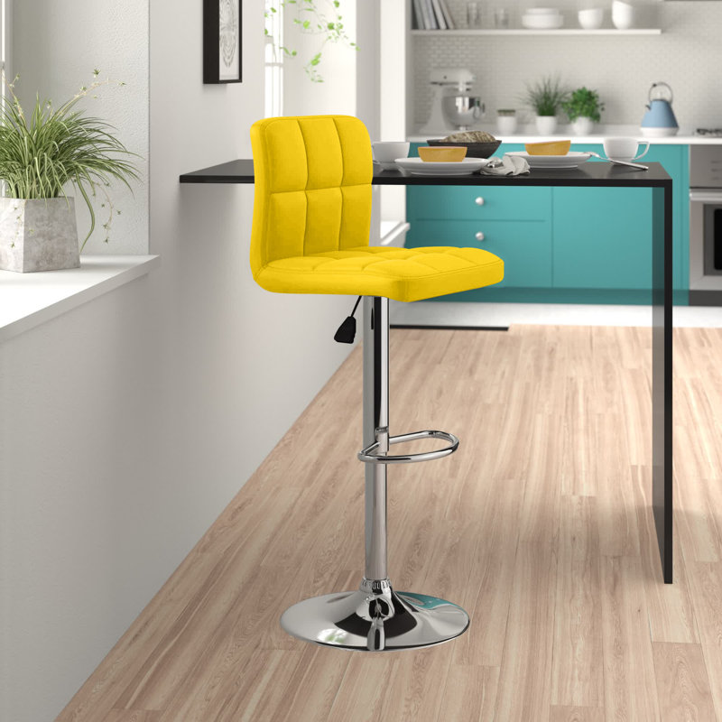 Ahlijah Contemporary Quilted Vinyl Adjustable Height Barstool with Chrome Base, Yellow