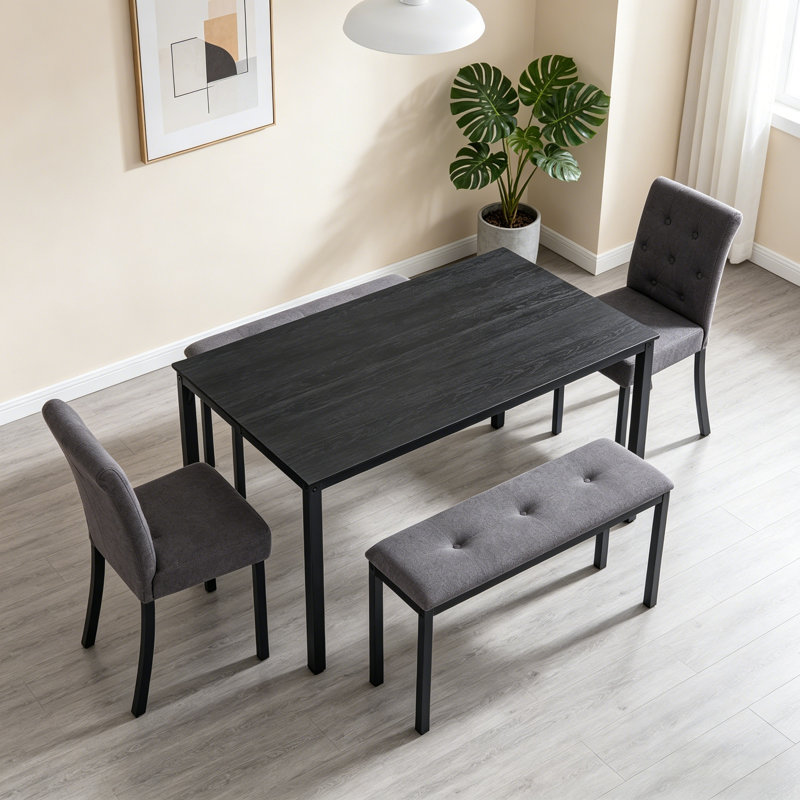 5-Piece Dining Set Includes A Table, Two Upholstered Chairs And Two Benches; Space-Saving Rustic Style In Gray And Black For Kitchen And Dining Areas.