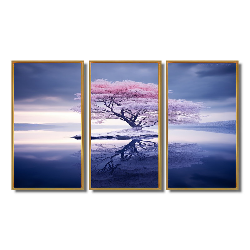 Ensemble de salon mural enneigé avec arbre en chêne rose, Cadre flottant doré, H 40 po x l 60 po x P 1 po