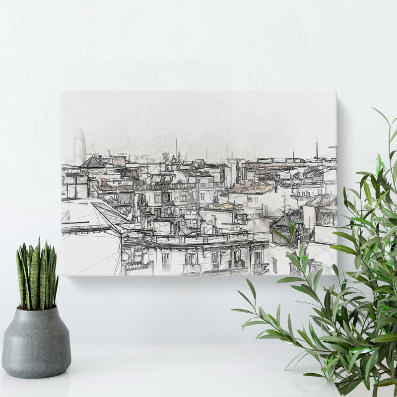 Rooftops in Barcelona Spain in Abstract - Wrapped Canvas Drawing - Wrapped Canvas, 60cm H x 91cm W x 3cm D