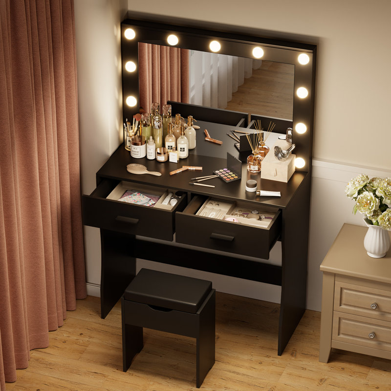Justan Vanity Set with Stool and Mirror, Black