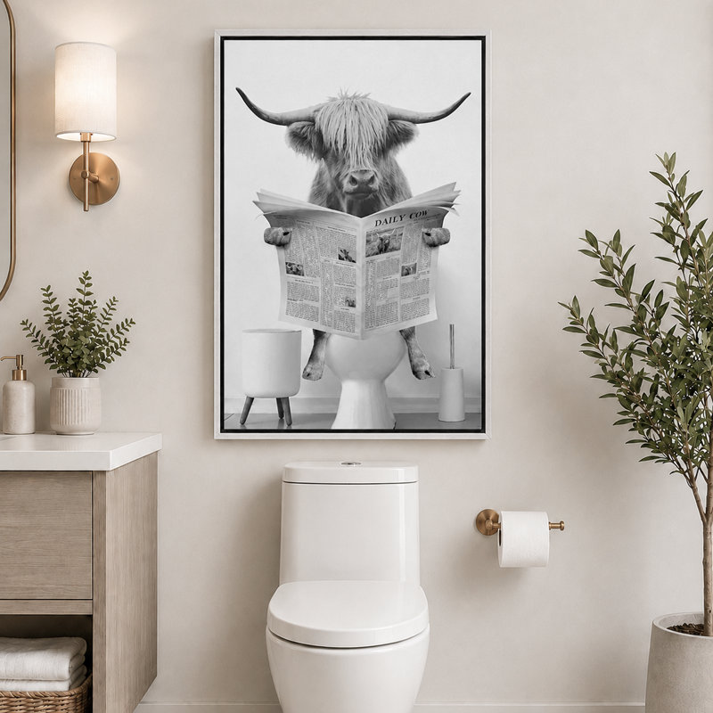 Impression sur toile encadrée, animaux, drôle, salle de bain, vache Highland, H 24 po x l 16 po, Impression encadrée, Blanc