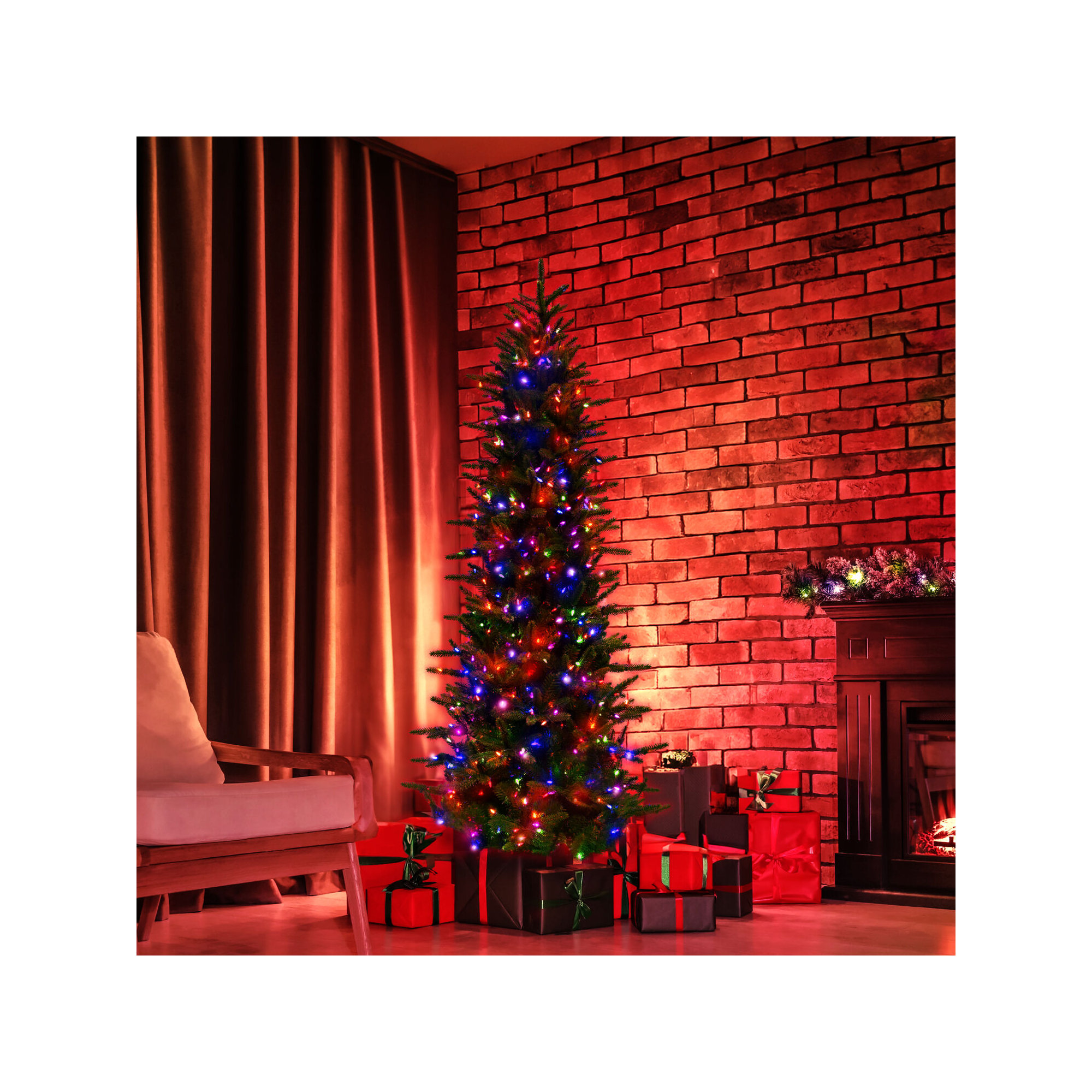 Fraser Hill Farm Carmel Pine Slim Artificial Christmas Tree with Dual Multicolor & Warm White LED Lights, 78" H