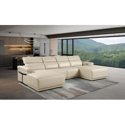 Beige 4-Piece U-Shaped Sectional In Top-Grain Italian Leather With Adjustable Headrests – Open Layout